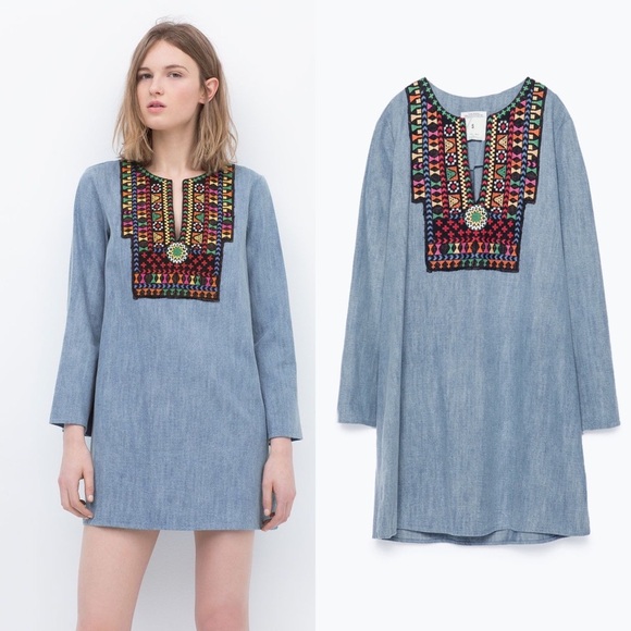 Zara Chambray Boho Denim Dress Tunic Small - Picture 1 of 8